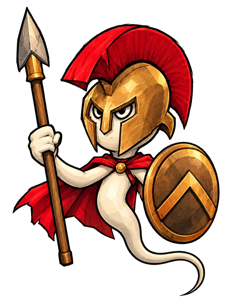 Spermtan, a Spartan sperm in a bronze helmet with a red crest and cape, holding a spear and a lambda shield